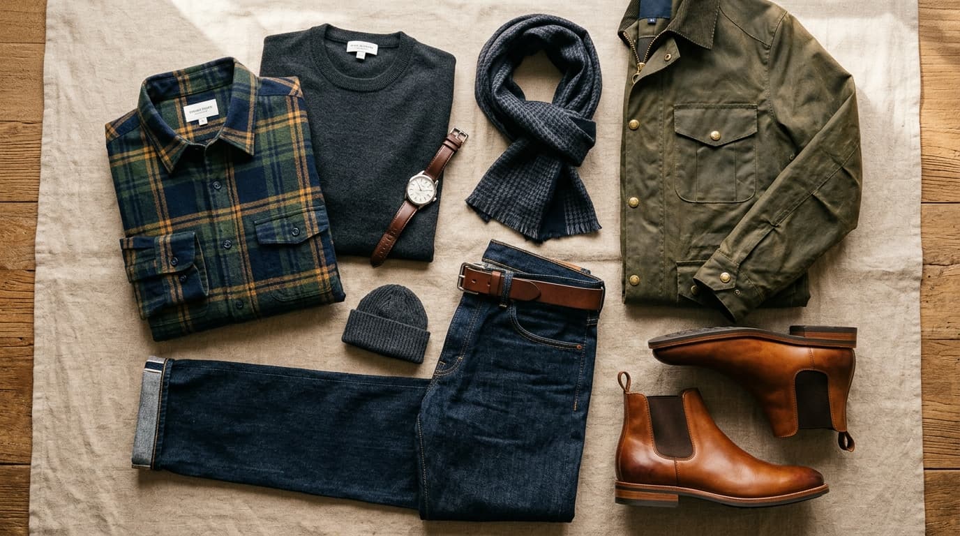 Fall outfit ideas for men with flannel, merino wool knitwear, field jacket, selvedge denim, and chelsea boots