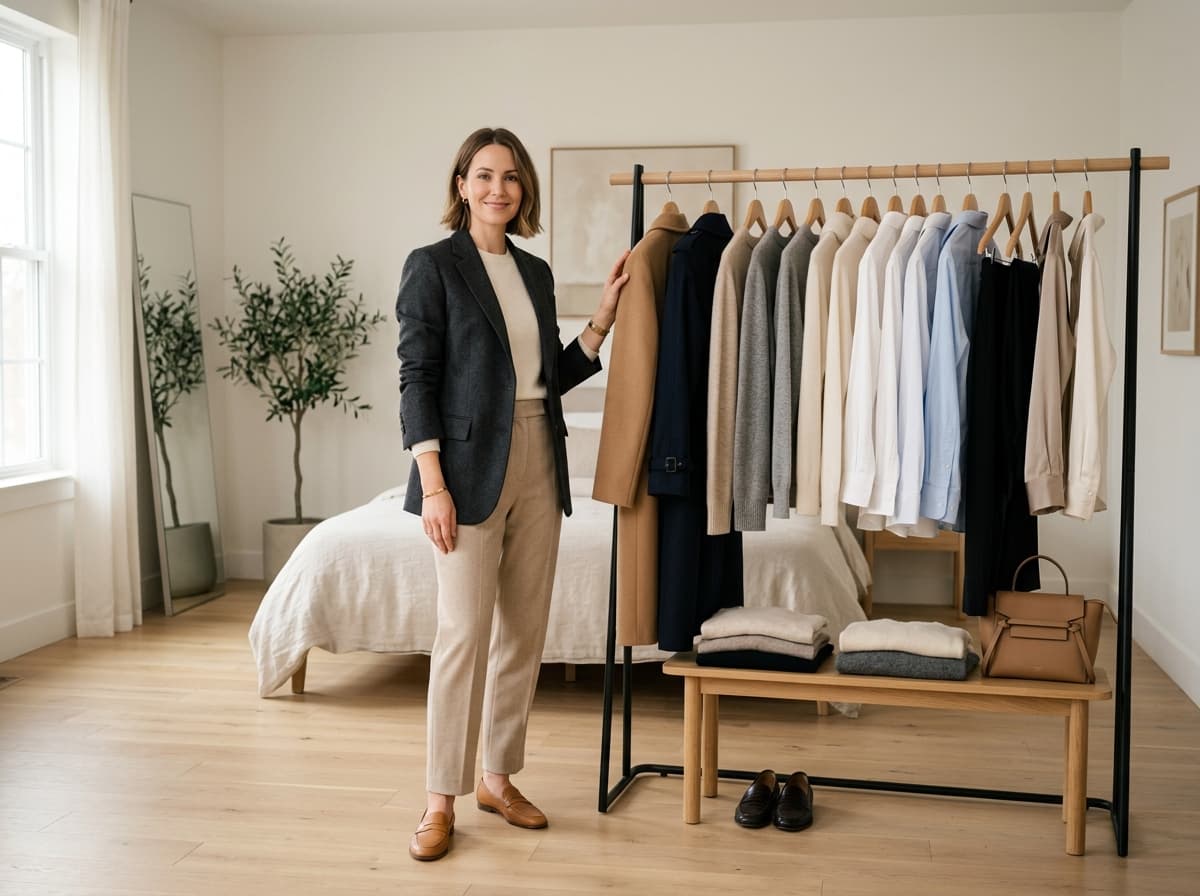 Minimalist timeless wardrobe curation with well-fitted basics, neutral tones, and elegant tailoring