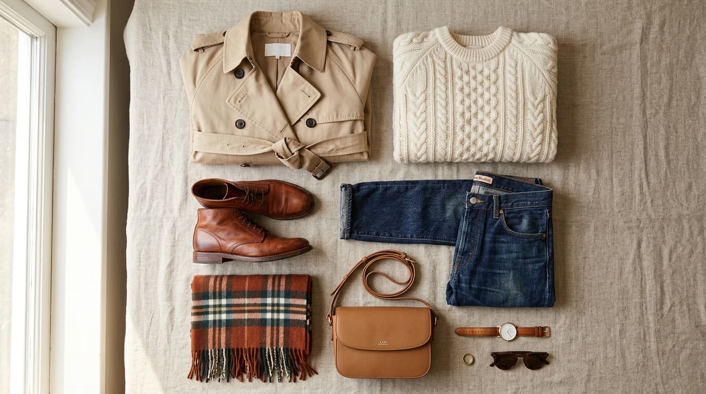 What to wear in autumn for changing weather with layered trench coat, knit sweater, denim, boots, and scarf