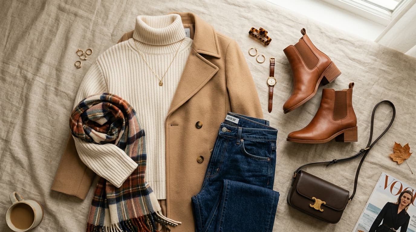 Fall outfit ideas for women with cozy knitwear, coats, boots, and denim