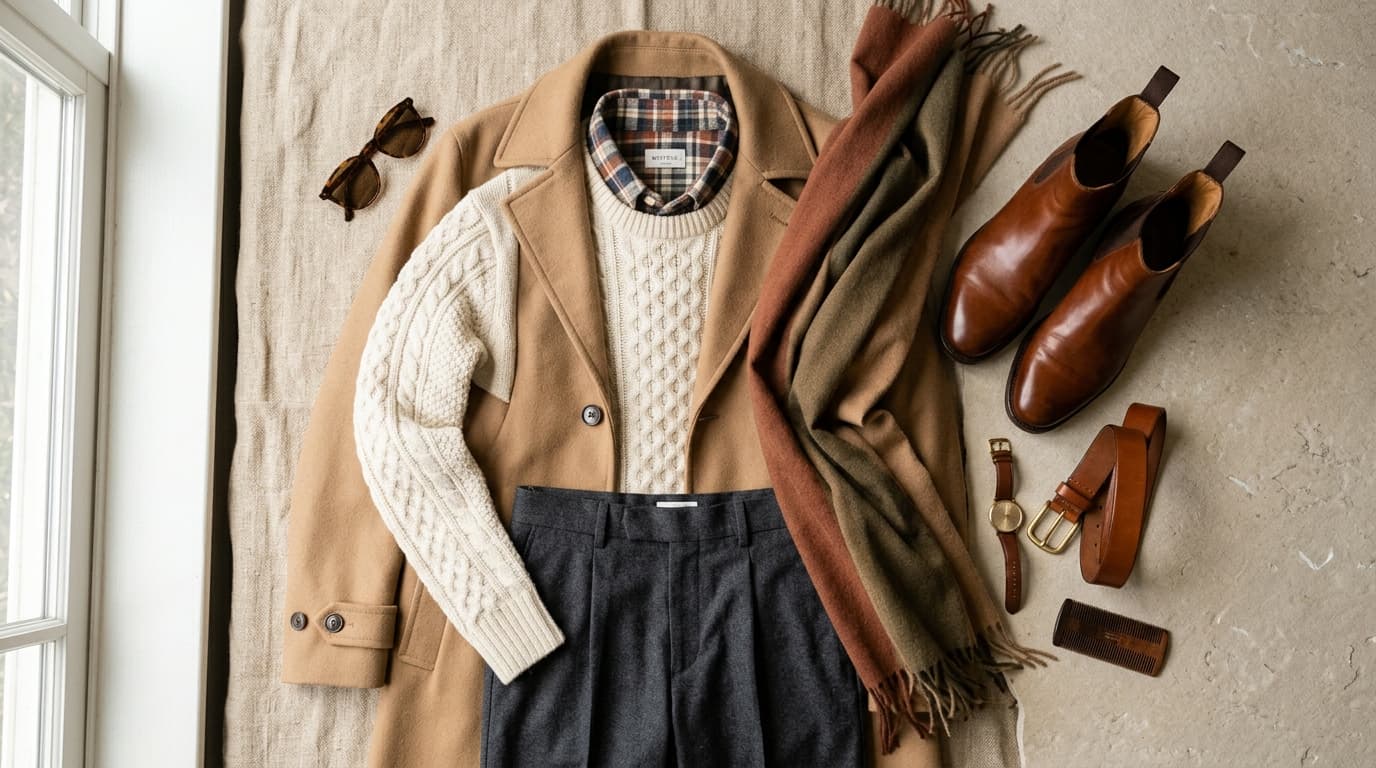 How to layer clothes for fall outfit ideas with tailored jacket, knitwear, scarf, and leather accessories