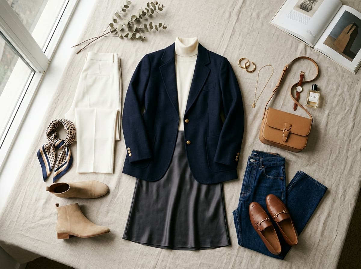 Curated fashionable outfit styling flatlay with complementary colors, textures, and proportions