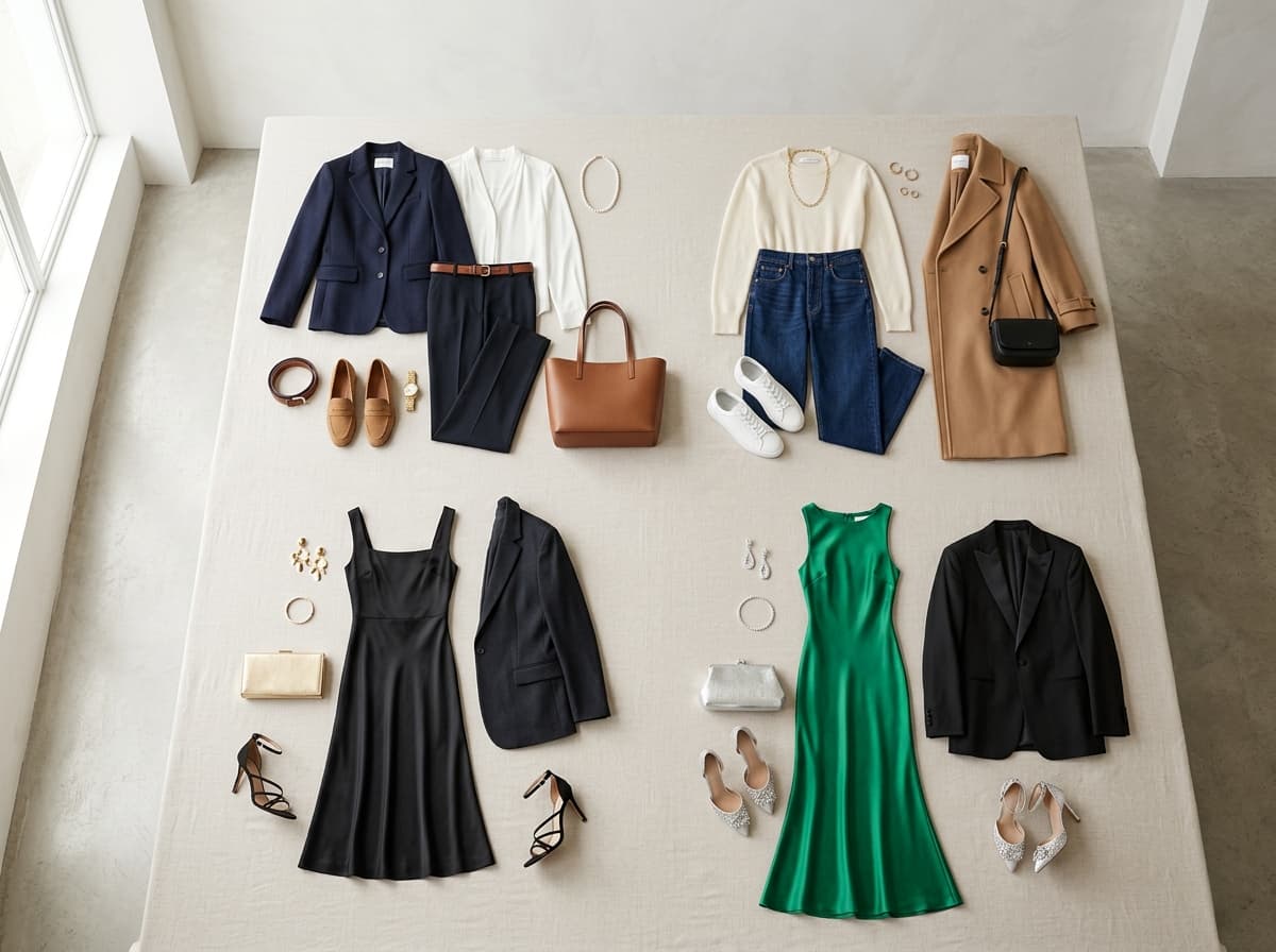 Curated outfits for different occasions including workwear, casual, cocktail, and formal dress codes
